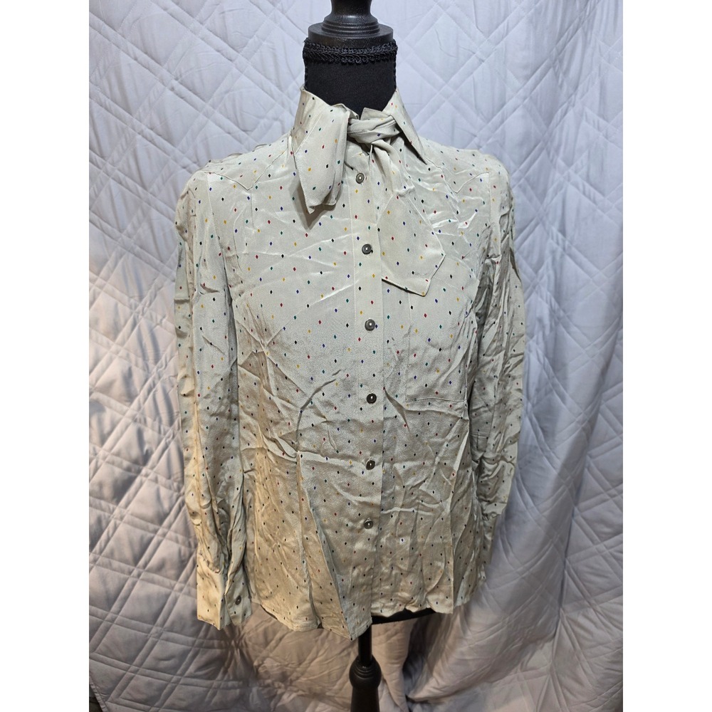 Jack Mulqueen Chemise Silk Tie Neck Blouse Multicolor Diamond Geometric Gray